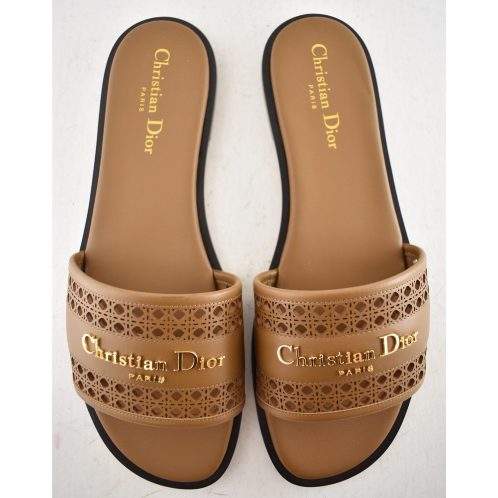Dior D-Lane Dway Micro Cannage Chestnut Brown Leather Logo Slide Flat Sandal 37 - Picture 13 of 16